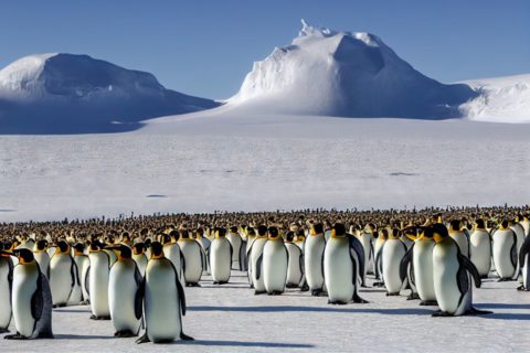 Große Schar von Kaiserpinguinen versammelt auf einer Eisfläche an einem kalten sonnigen Tag